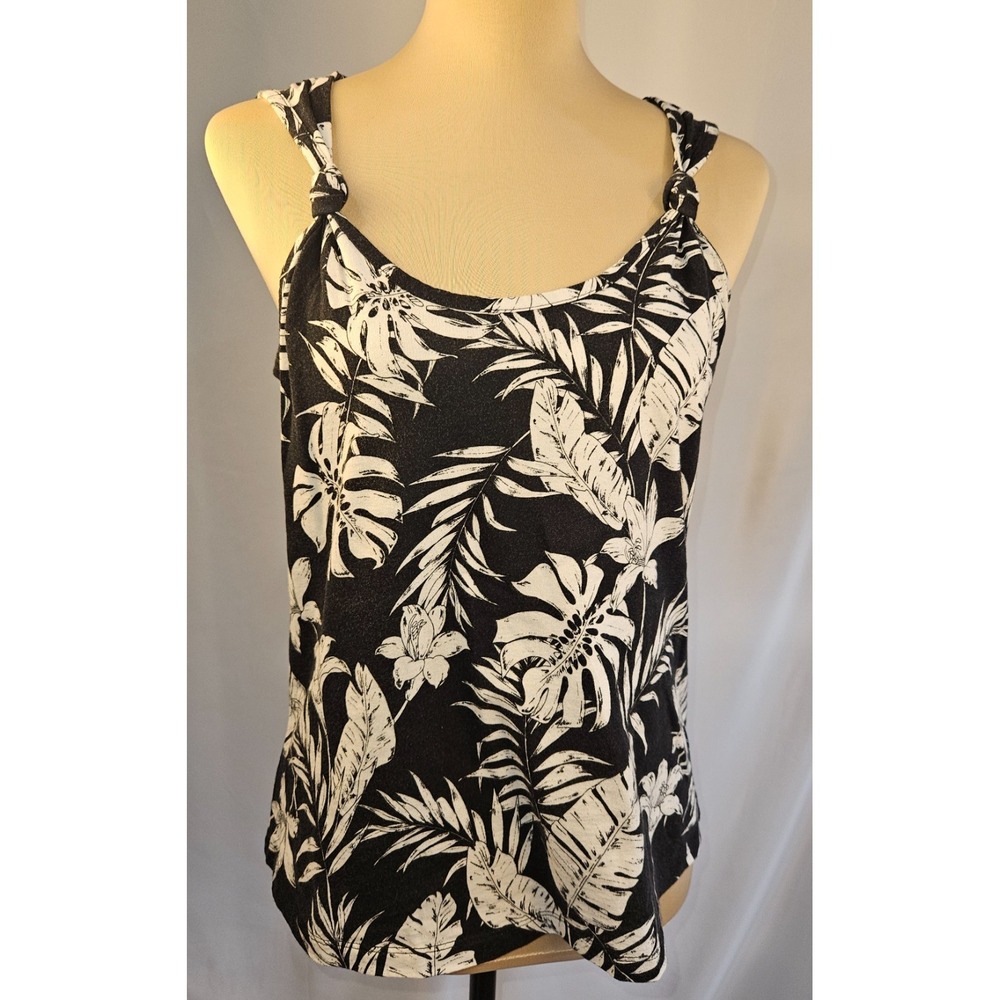 INC International Concepts Women's Knotted-Strap Tank Top Black White Tropical M